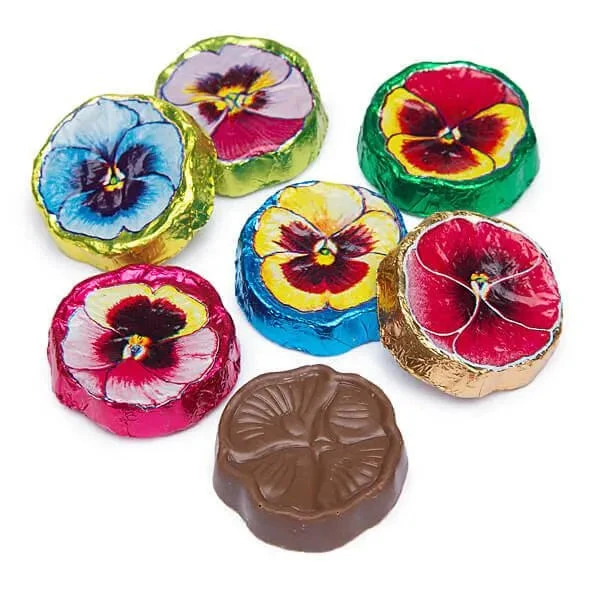 Madelaine Foiled Milk Chocolate Flower Wafers - Pansies: 5LB Bag 1 Madelaine Foiled Milk Chocolate Flower Wafers - Pansies: 5LB Bag