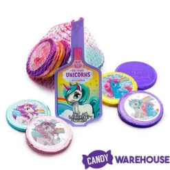 Rainbow Unicorn Foiled Milk Chocolate Coins In Mesh Bags: 18-Piece Box -Candy Shop rainbow unicorn foiled milk chocolate coins in mesh bags 18 piece box candy warehouse 3